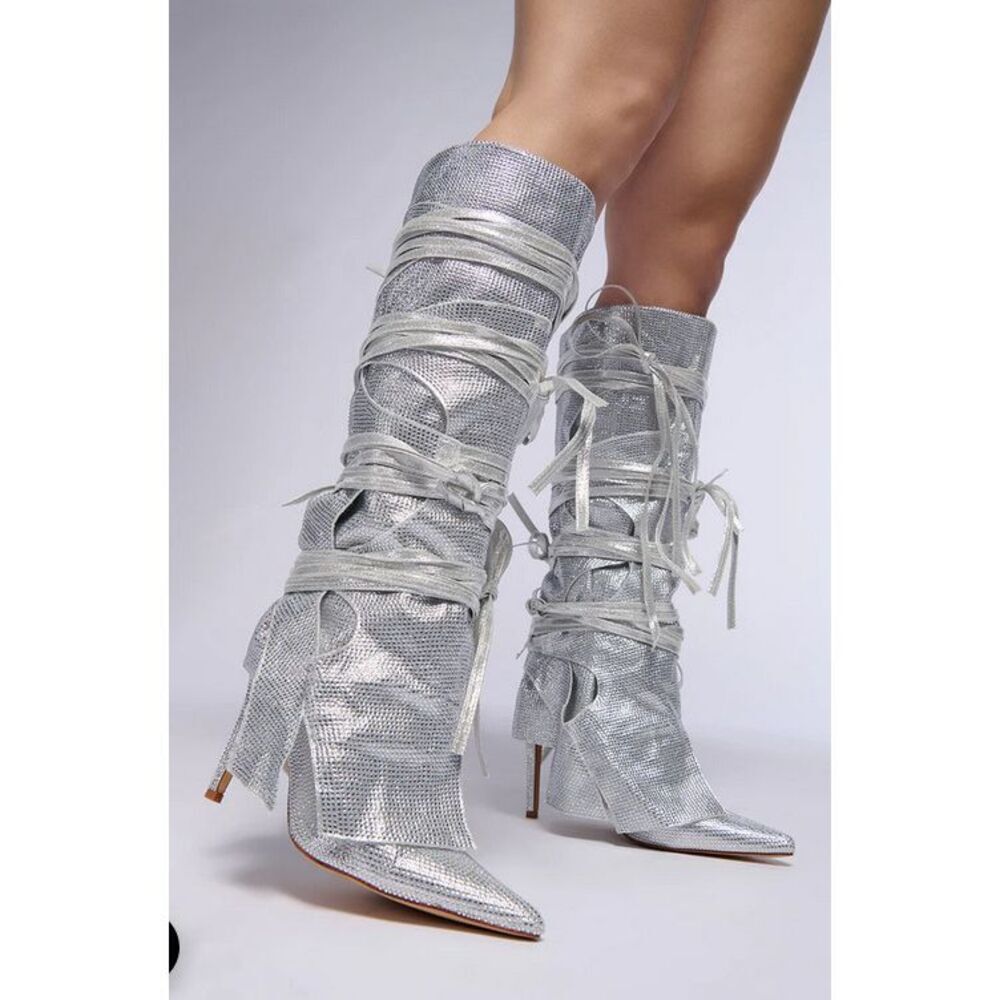 AZALEA WANG Silver Stilleto Style Point Toe Cowboy Western Shoes sz 10 $150